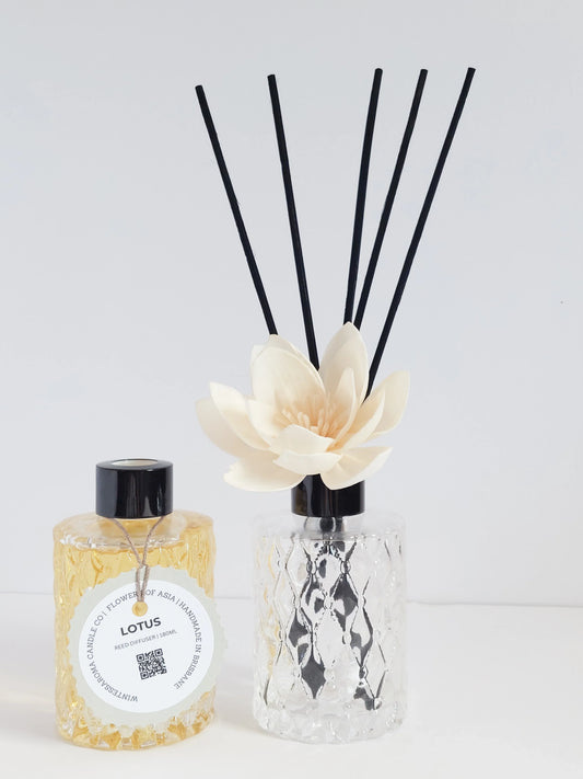 A beige reed diffuser with a lotus flower design and a clear bottle with a label containing the scent 'Lotus'. Black reed sticks are inserted in the diffuser.