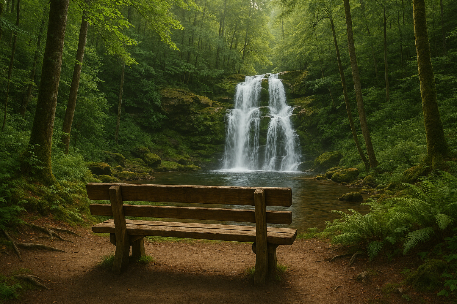 Bench overlooking peaceful waterfall, surrounded by nature